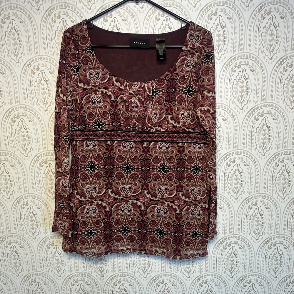 Axcess‎ Burgundy Floral Print Long Sleeve Scoop Neck Peasant Women's Size L Y2K